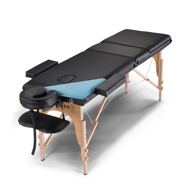 Portable Massage Tisch 3-fach Klappbar, höhenverstellbar, Holzrahmen, Schwarz