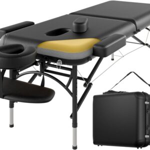 Professional Massage Table Portable 2 Fold Premium Memory Foam Aluminium Leg Holds up to 500kg 8 Heights Adjustable with Carry Bag (Black)