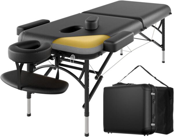 Professional Massage Table Portable 2 Fold Premium Memory Foam Aluminium Leg Holds up to 500kg 8 Heights Adjustable with Carry Bag (Black)