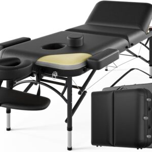 Professional Massage Table Portable 3 Fold Premium Memory Foam Aluminium Leg Holds up to 500kg 8 Heights Adjustable with Carry Bag (Black)