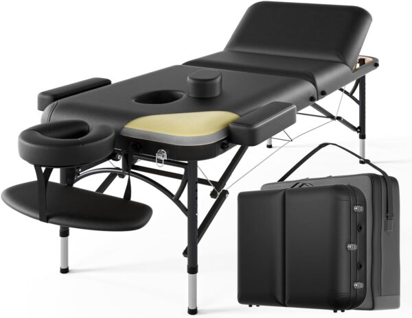 Professional Massage Table Portable 3 Fold Premium Memory Foam Aluminium Leg Holds up to 500kg 8 Heights Adjustable with Carry Bag (Black)